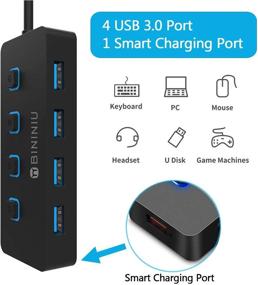 img 1 attached to 🔌 BININIU 4-портовый USB 3.0 хаб с интеллектуальной зарядкой, выключателями и адаптером переменного тока 5 В - идеально подходит для MacBook Air, ноутбуков, ноутбуков и многого другого