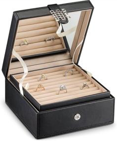img 1 attached to 📦 Glenor Co Ring Organizer Box - 108 Slot Classic Jewelry Display Holder - 2 Storage Trays with Modern Buckle Closure - Large Mirror - PU Leather Case - Black