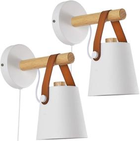 img 4 attached to 🔌 Modern Wooden Wall Lamps Set of 2 with Switch: Bedroom Sconce for Nightstand or Aisle, Farmhouse Corridore Lighting Fixture, Plug-in Cord, E26 Base