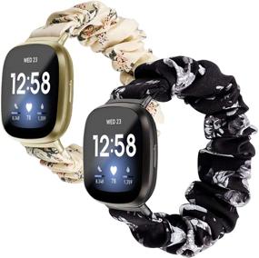 img 4 attached to 🔘 Stylish 2-Pack Scrunchie Elastic Watch Bands for Fitbit Sense/Versa 3 - Soft Cloth Patterns, Perfect Fit for Women and Girls, BeigeHy BlackGy, Small