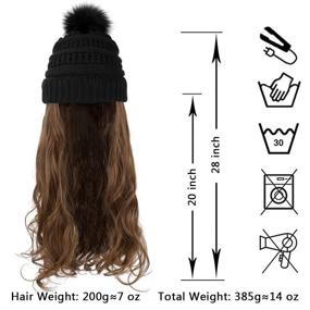 img 3 attached to XBwig Beanie Hat With Hair Wigs For Women - 20 inch Long Curly Wavy Synthetic Detachable Wig - Warm Soft Ski Knitted Winter Cap With Black Pom Pom - Light Chestnut Brown - Black Hat