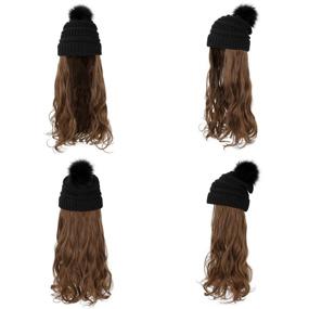 img 2 attached to XBwig Beanie Hat With Hair Wigs For Women - 20 inch Long Curly Wavy Synthetic Detachable Wig - Warm Soft Ski Knitted Winter Cap With Black Pom Pom - Light Chestnut Brown - Black Hat