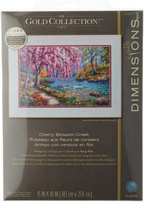 img 2 attached to 🌸 Dimensions Gold Cherry Blossom Creek Collection Cross Stitch Kit, 16CT Light Blue Aida Cloth, 10x15 inches