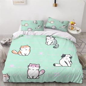 img 2 attached to 🐱 3D Cartoon Cats Kids Bedding Set Twin Size - Purple/Pink/Blue/Orange White Cat Print Duvet Cover with Green Bedspread and 1 Pillow Sham - Boys and Girls Bedroom Décor - 2 Pieces (No Comforter Included)