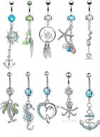 💎 fibo steel 9-10 pcs women's dangle belly button rings: 316l surgical steel curved navel barbell body jewelry piercing set logo