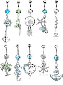 img 4 attached to 💎 FIBO STEEL 9-10 Pcs Women's Dangle Belly Button Rings: 316L Surgical Steel Curved Navel Barbell Body Jewelry Piercing Set