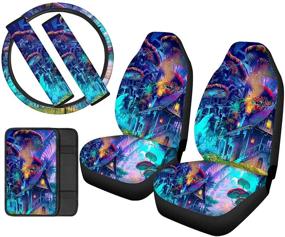 img 4 attached to ZFRXIGN Mushroom Car Sear Covers For Women With Steering Wheel Cover Front Seat Protector Console Cushion Seat Belt Pads Auto Accessory Set Of 6 Psychedelic Forest Blue Purple