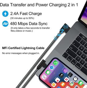 img 2 attached to iPhone Charger 1ft 5 Pack - MFi Certified Right Angle Short Lightning Cable - Nylon Braided 90 Degree iPhone Charging Cable - Compatible with iPhone 12 11 Pro X XS XR 8 Plus 7 6 5 (Black Grey, 1 Feet)