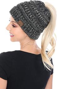 img 1 attached to 🎩 Soft Stretch Cable Knit Messy High Bun Ponytail Beanie Hat by C.C BeanieTail