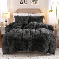 🛏️ luxurious plush shaggy duvet cover set - ultra soft velvet bedding sets, 3 pieces (1 faux fur duvet cover + 2 faux fur pillow cases), zipper closure, queen size, dark gray logo