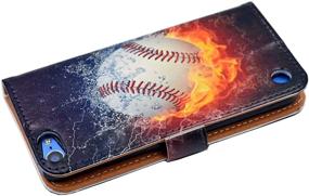 img 1 attached to 🔥 YHB Leather Wallet Flip Case with Card Holder Stand Protector Cover for iPod Touch 5/6/7 (2019), Baseball with Water Fire