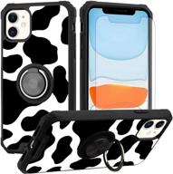 cow print iphone 11 case with ring holder kickstand and screen protector - stylish and protective for women and girls, 360 degree stand, compatible with magnetic car mount - black logo