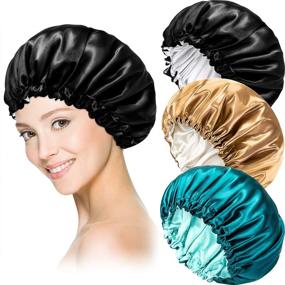 img 4 attached to 3-Pack Adjustable Silky Satin Sleep Cap Bonnet Set | Reversible 🎀 Sleeping Cap for Women & Girls with Drawstring | Black, Khaki, Teal