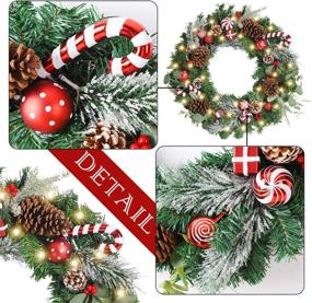 img 2 attached to 🎅 WANNA-CUL Pre-Lit 24-Inch Lighted Christmas Wreath: Festive Red and White Door Decoration with Ball Ornaments, Candy Canes, Eucalyptus Leaves, and 30 LED Lights - Battery Operated