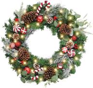 🎅 wanna-cul pre-lit 24-inch lighted christmas wreath: festive red and white door decoration with ball ornaments, candy canes, eucalyptus leaves, and 30 led lights - battery operated logo