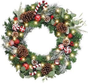 img 4 attached to 🎅 WANNA-CUL Pre-Lit 24-Inch Lighted Christmas Wreath: Festive Red and White Door Decoration with Ball Ornaments, Candy Canes, Eucalyptus Leaves, and 30 LED Lights - Battery Operated