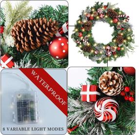 img 1 attached to 🎅 WANNA-CUL Pre-Lit 24-Inch Lighted Christmas Wreath: Festive Red and White Door Decoration with Ball Ornaments, Candy Canes, Eucalyptus Leaves, and 30 LED Lights - Battery Operated