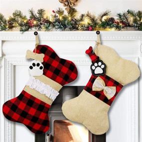 img 4 attached to AerWo Pet Dog Christmas Stockings Set of 2: Buffalo Plaid Large Bone-Shaped Hanging Stockings for Dogs - Perfect Christmas Decorations for Your Furry Friends!