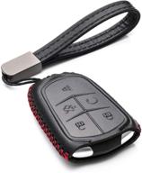 🔑 protective leather smart key fob case for cadillac ats, ct6, cts & more with leather key chain - genuine leather, 5-button, black/red (2015-2020) logo