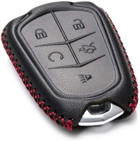 img 2 attached to 🔑 Protective Leather Smart Key Fob Case for Cadillac ATS, CT6, CTS & More with Leather Key Chain - Genuine Leather, 5-Button, Black/Red (2015-2020)