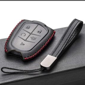 img 1 attached to 🔑 Защитный чехол из кожи для умного ключа Cadillac ATS, CT6, CTS и других моделей с кожаным цепочкой - Натуральная кожа, 5 кнопок, черный/красный (2015-2020)