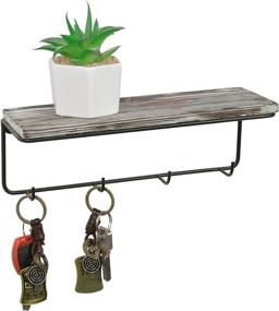 img 4 attached to 🪵 Rustic Wall-Mounted Floating Shelf and Key Rack with 4 Hooks - MyGift 10-inch Torched Wood, Black Metal Frame