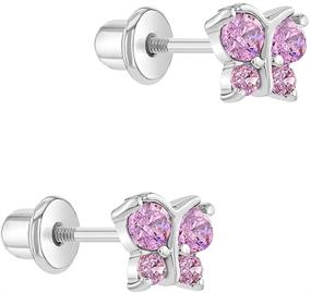 img 3 attached to Adorable Rhodium Plated CZ Butterfly Screw Back Earrings for Babies, Infants, Toddlers, and Little Girls - Lovely Kids' Butterfly Studs in Fun Sparkling Pink CZ