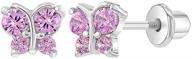 adorable rhodium plated cz butterfly screw back earrings for babies, infants, toddlers, and little girls - lovely kids' butterfly studs in fun sparkling pink cz logo