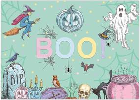img 4 attached to Funnytree 7x5FT Pastel Halloween Backdrop - Green Boo Kids Girl Party Banner - Pumpkin, Witch, Ghost, Skull, Bat - Hallowmas Background Decoration for Favors, Gifts, Photography, Photo Booth Props