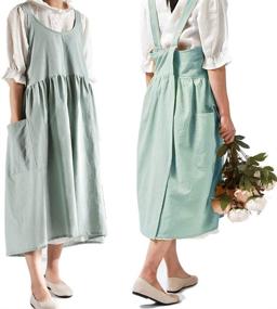 img 4 attached to 👩 Cotton Linen Cross Back Apron with Pockets for Women - Ideal for Cooking, Gardening, in Turquoise Shade, with No Waist Ties