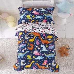 img 4 attached to 🦕 Colorful Dinosaur Printed 4 Piece Toddler Bedding Set - Navy, Standard Size | Includes Quilted Comforter, Fitted Sheet, Top Sheet, and Pillow Case for Boys and Girls | Joyreap