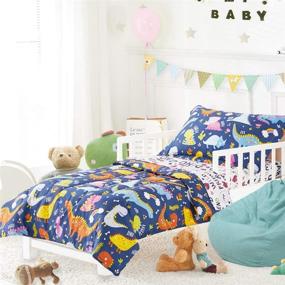 img 3 attached to 🦕 Colorful Dinosaur Printed 4 Piece Toddler Bedding Set - Navy, Standard Size | Includes Quilted Comforter, Fitted Sheet, Top Sheet, and Pillow Case for Boys and Girls | Joyreap