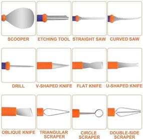 img 1 attached to 🎃Улучшенный набор для вырезания тыквы на Хэллоуин 2021 - 12 штук из нержавеющей стали резца для вырезания скульптур с рукояткой против скольжения и портативным мешком для хранения.