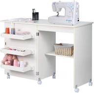 🧵 nsdirect folding sewing table and craft cart with storage shelves - lockable casters - white sewing cabinet for miscellaneous sewing kit art desk logo