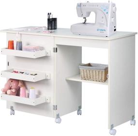 img 4 attached to 🧵 NSdirect Folding Sewing Table and Craft Cart with Storage Shelves - Lockable Casters - White Sewing Cabinet for Miscellaneous Sewing Kit Art Desk