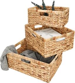 img 4 attached to 🧺 Set of 3 Hand-Woven Water Hyacinth Storage Baskets, Rectangular Wicker Baskets with Convenient Built-in Handles - Jumbo, Large, and Medium Sizes