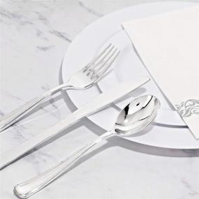 img 2 attached to 🍽️ Liacere 350 Piece White Plastic Plates Set with Silver Plastic Silverware, Cups, Napkins - Ideal 50 Guest White Disposable Plates Bundle Including 100 Plates, 50 Forks, 50 Knives, 50 Spoons, 50 Cups, 50 Napkins for Weddings, Parties