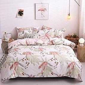 img 3 attached to Pastoral Style Pink Floral Duvet Cover Set with Green Leaves Print - Queen Size Bedding for Girls - Includes 1 Duvet Cover and 2 Pillowcases (Leave, Light Pink)