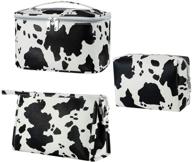 🐮 hoooriana makeup bag set - cosmetic bag 3-piece set for women with cow animal milk mini cute style - travel cosmetic bag set with travel pouch bags logo