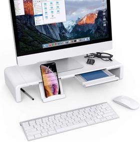 img 4 attached to 🖥️ Maximized Clarity White Monitor Stand Riser with Storage Drawer - Klearlook Foldable Computer Stand Desk Organizer for Laptop PC Printer - Adjustable Height & Tablet Phone Stand Included
