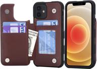 premium genuine leather wallet case for iphone 12/12 pro - stylish back flip cover with card pockets - real leather brown - arae compatible 6.1 inch logo