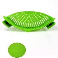 🍝 silicone clip-on snap strainer for pasta and ground beef grease, ideal for bowls and pots – food grade, includes heat-resistant hot pads (green) logo