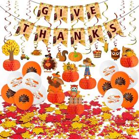 img 4 attached to 🍂 Festive Thanksgiving Party Décor Set: 34-Piece Autumn Theme with GIVE THANKS Banner, Honeycomb Paper Balloons, Maple Leaves Confetti, and Hanging Swirls