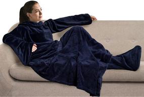 img 4 attached to 🔵 Pavilia Fleece Blanket with Sleeves and Foot Pockets – Cozy Wearable Wrap for Adults, Perfect for Lounging, Gaming, and Sofa Couch (Navy Blue)