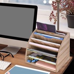 img 1 attached to 🗄️ Wood File Organizer Desktop: 7 Tier Paper Letter Tray, Adjustable Shelves, Large Desk Holder - Efficient Office File Sorter with DIY Compartments