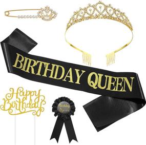 img 4 attached to 🎉 Complete Set of 5 Birthday Accessories for Women: Birthday Queen Sash, Tiara, Badge, Brooch, & Cupcake Topper - Perfect for Birthday Party Favors