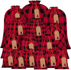 img 4 attached to 🎁 Aneco 15 Packs Christmas Buffalo Plaid Gift Bags with Drawstring - Xmas Stocking Bags with 24 Pieces Kraft Tags for Gift Wrapping, Daily Use - Assorted Sizes