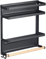 🧲 magnetic refrigerator spice rack organizer with foldable magnetic shelf, wood paper towel holder & 2 adjustable kitchen hooks - black logo