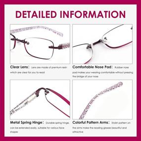 img 1 attached to 👓 Set of 3 Rimless Blue Light Blocking Reading Glasses for Women with Tinted Edge, Spring Hinge, and Pattern Print Arm for Enhanced Eye Protection