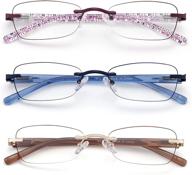 👓 set of 3 rimless blue light blocking reading glasses for women with tinted edge, spring hinge, and pattern print arm for enhanced eye protection logo